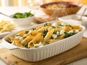 One-Pan Mustard Pasta Bake with Spinach and Feta